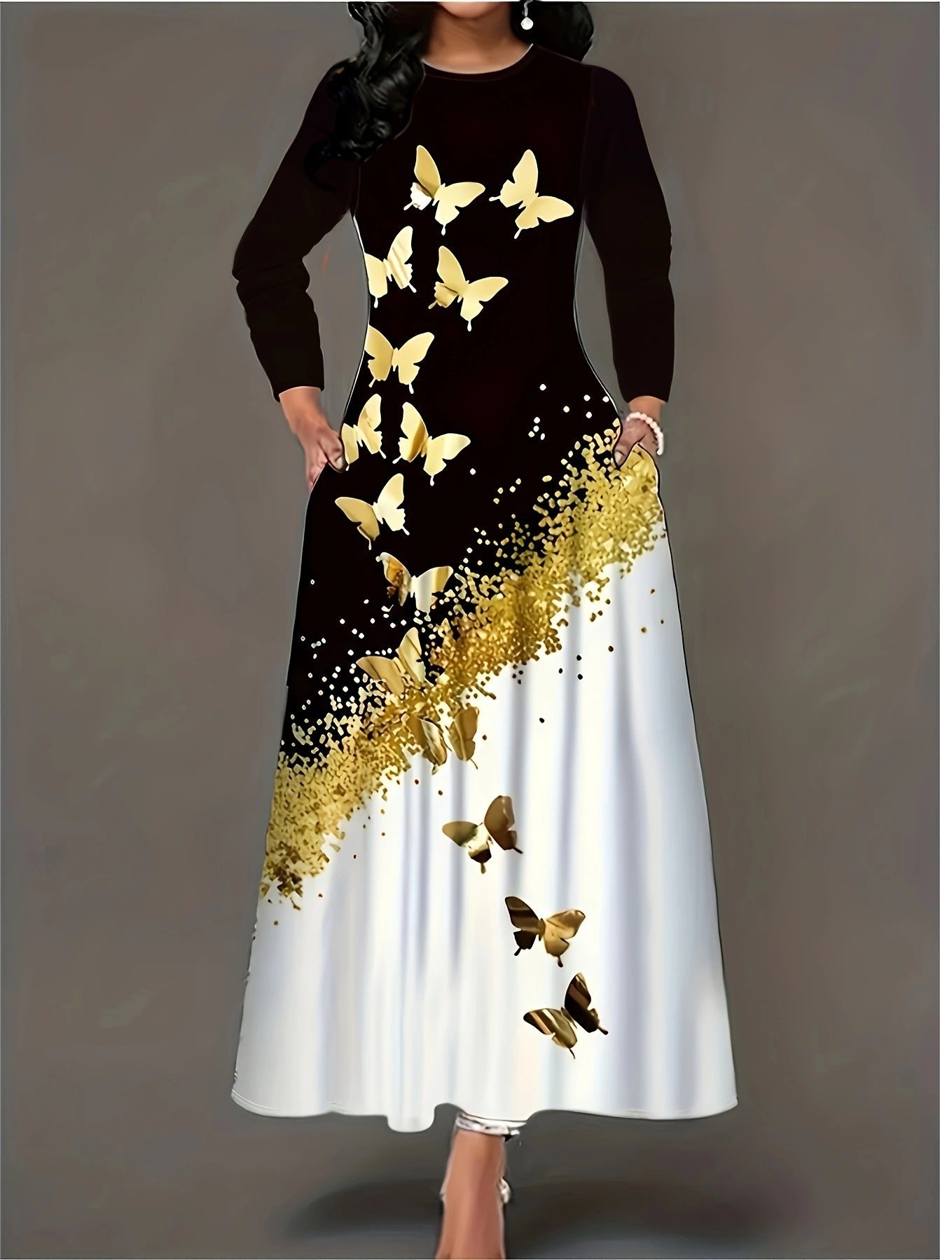 Robe maxi pour dames avec un design élégant de papillon et des accents dorés Chic und Stil