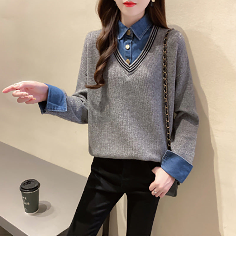 Pull femme à col V avec détails en denim Chic und Stil