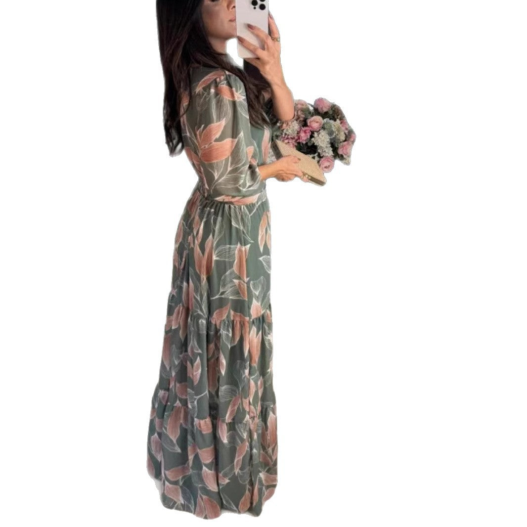 Robe maxi pour femmes avec motif de feuilles colorées et ceinture cintrée Chic und Stil