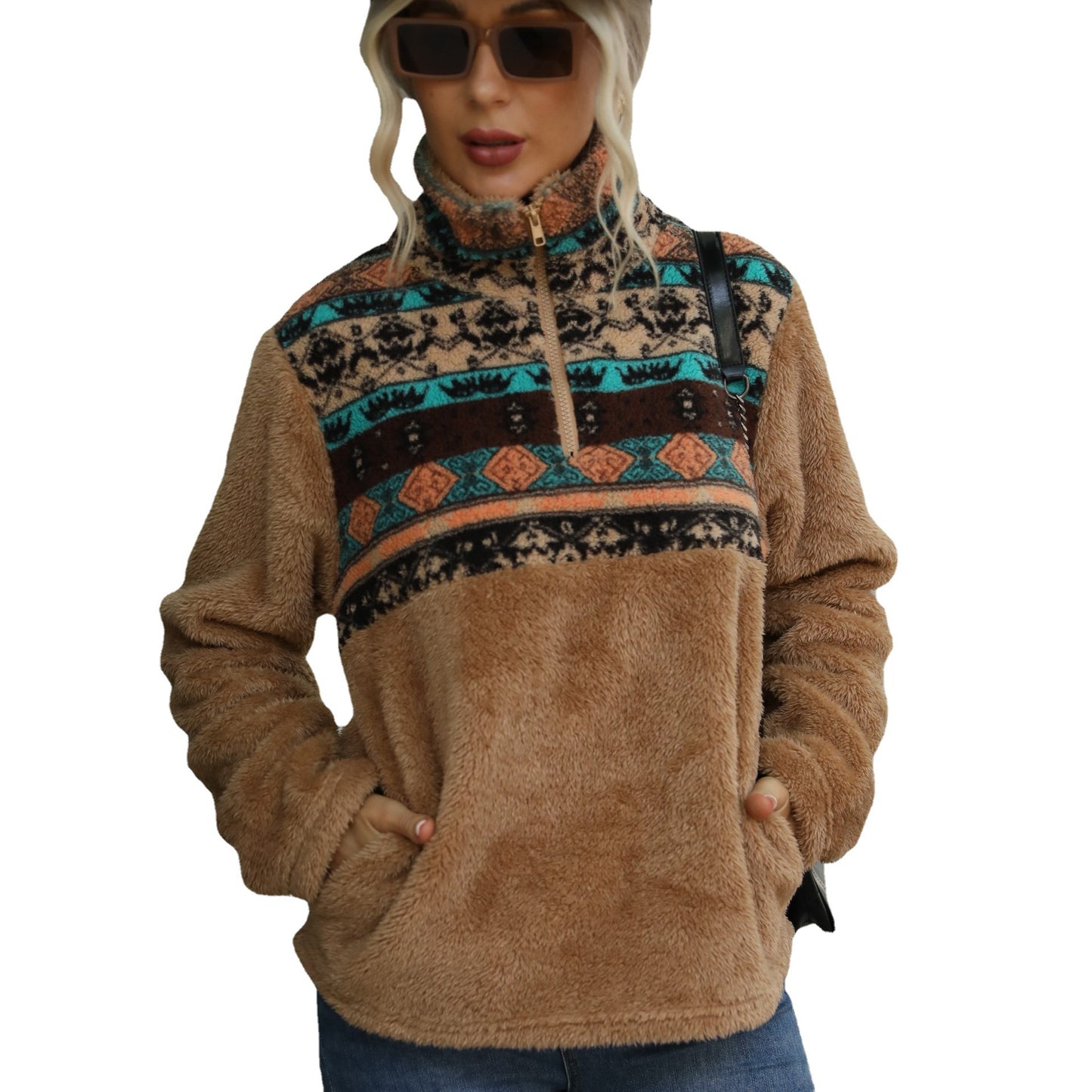 Pull fleece pour femmes avec fermeture éclair décorative et motif moderne Chic und Stil