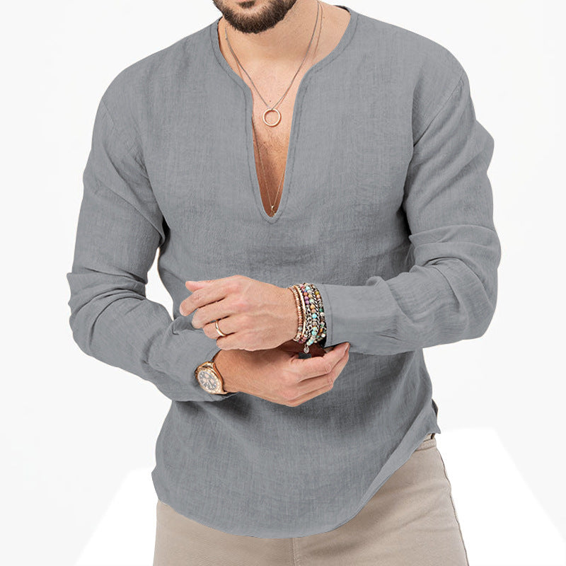 Chemise en lin léger pour hommes avec décolleté en V profond Chic und Stil