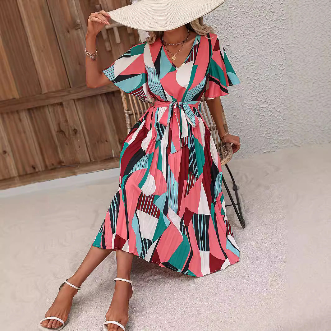 Robe midi pour femme avec motif graphique et ceinture élastique à la taille Chic und Stil