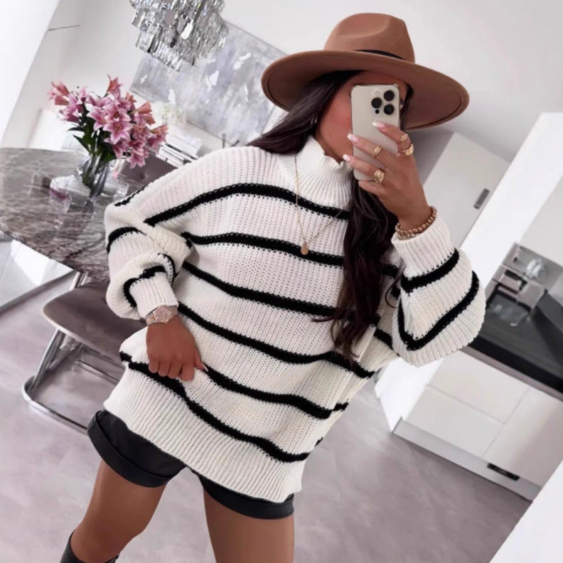 Pull oversized à rayures pour femmes avec un col roulé tendance Chic und Stil