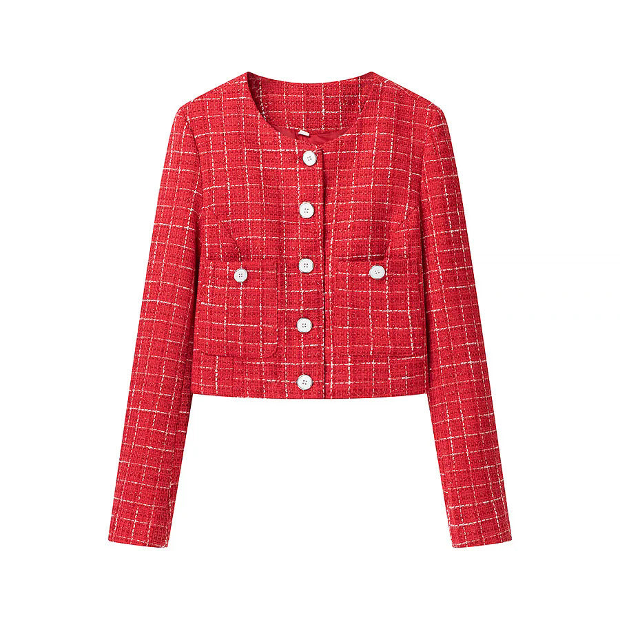 Short women's jacket with classic check pattern and decorative buttons Chic und Stil