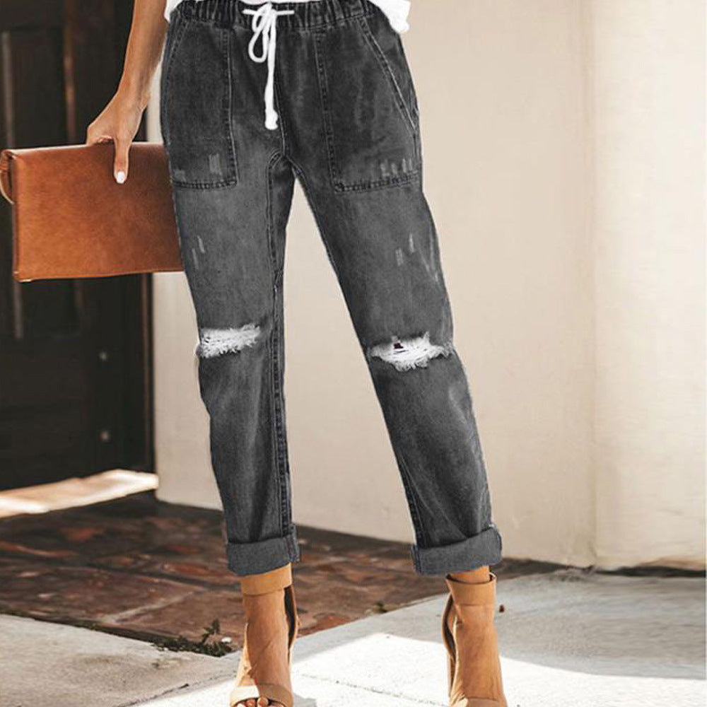 Women's Ripped Jeans with Elastic Waist and Relaxed Fit Chic and Style