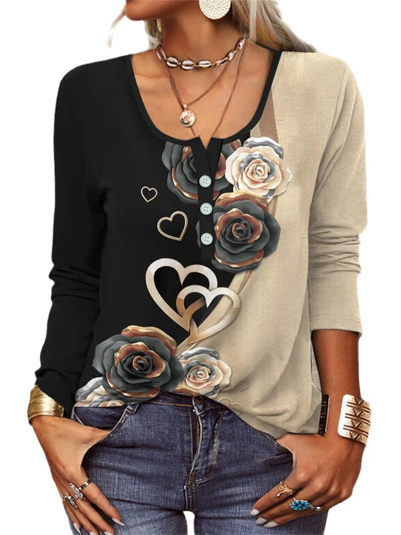T-shirt à manches longues pour femmes avec un design floral en forme de cœur et une patte de boutonnage Chic und Stil