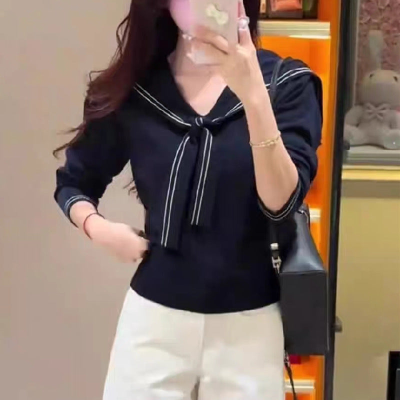 Pull femme élégant avec col à nœud et fine structure en tricot Chic und Stil