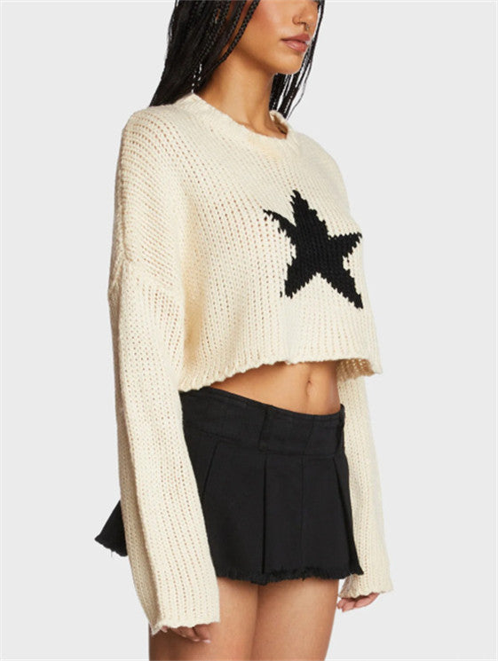 Pull-over en grosses mailles tendance pour femmes avec application d'étoiles chics et stylées