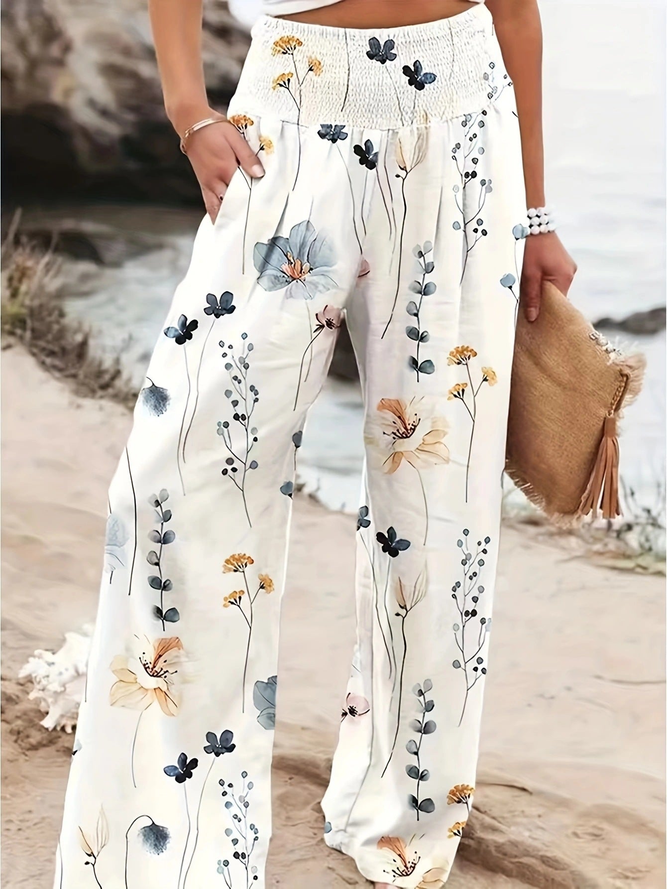 Pantalon d'été ample pour femmes avec imprimé floral et ceinture élastique Chic und Stil