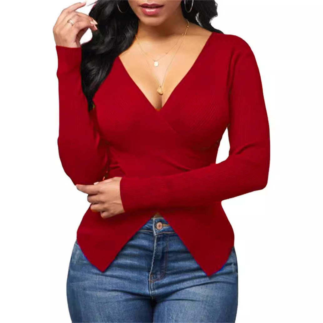 Haut à nouer pour femmes avec décolleté en V profond et design à fines côtes Chic und Stil