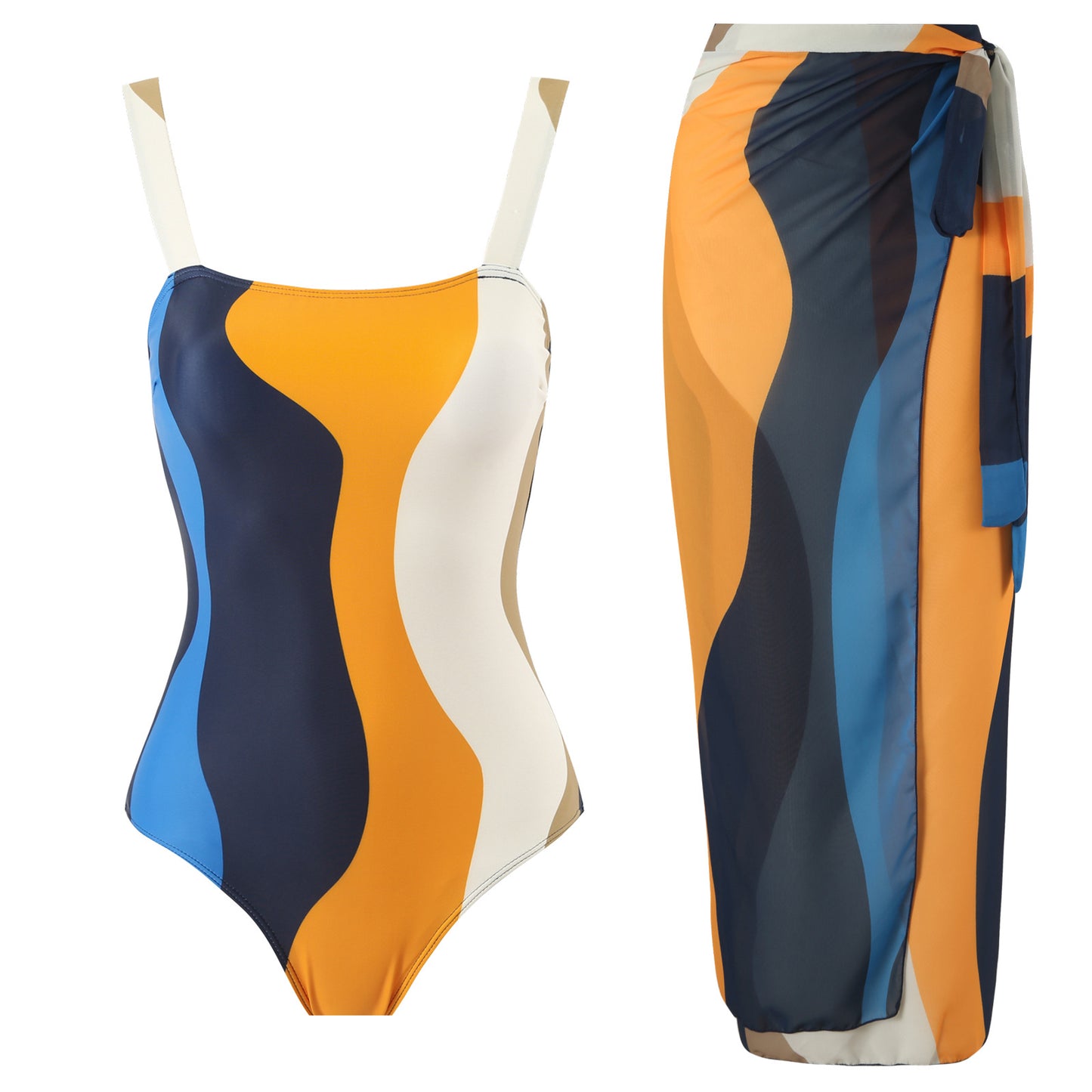 Maillot de bain une pièce pour femmes avec jupe portefeuille à la mode et motif à vagues graphiques Chic und Stil