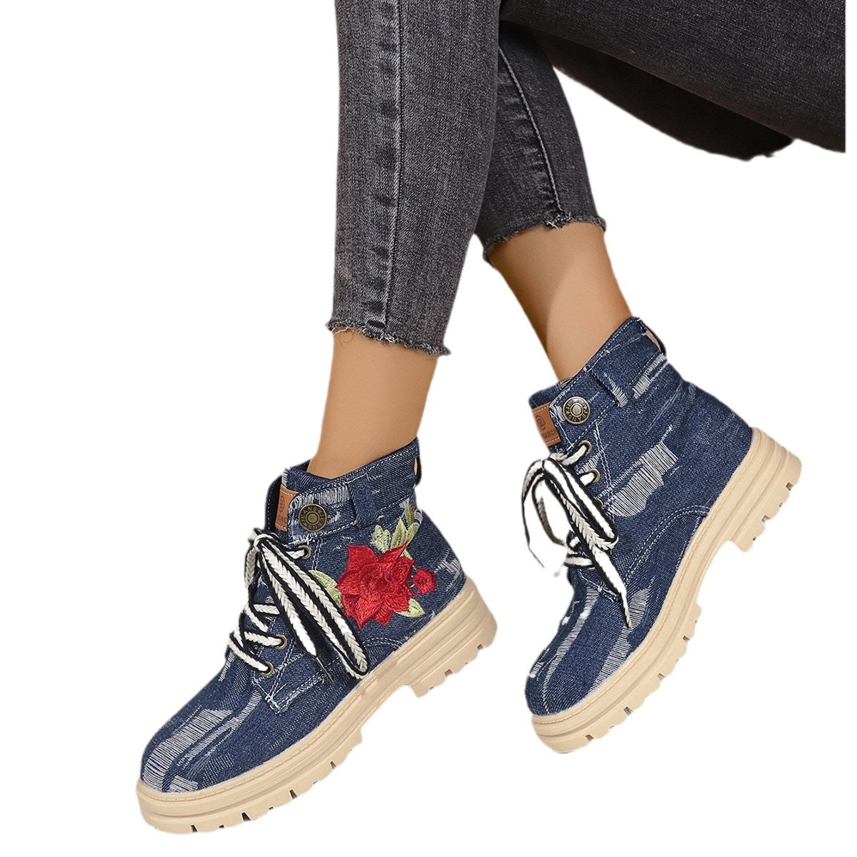 Bottes à lacets féminines avec broderie florale et semelle antidérapante Chic und Stil