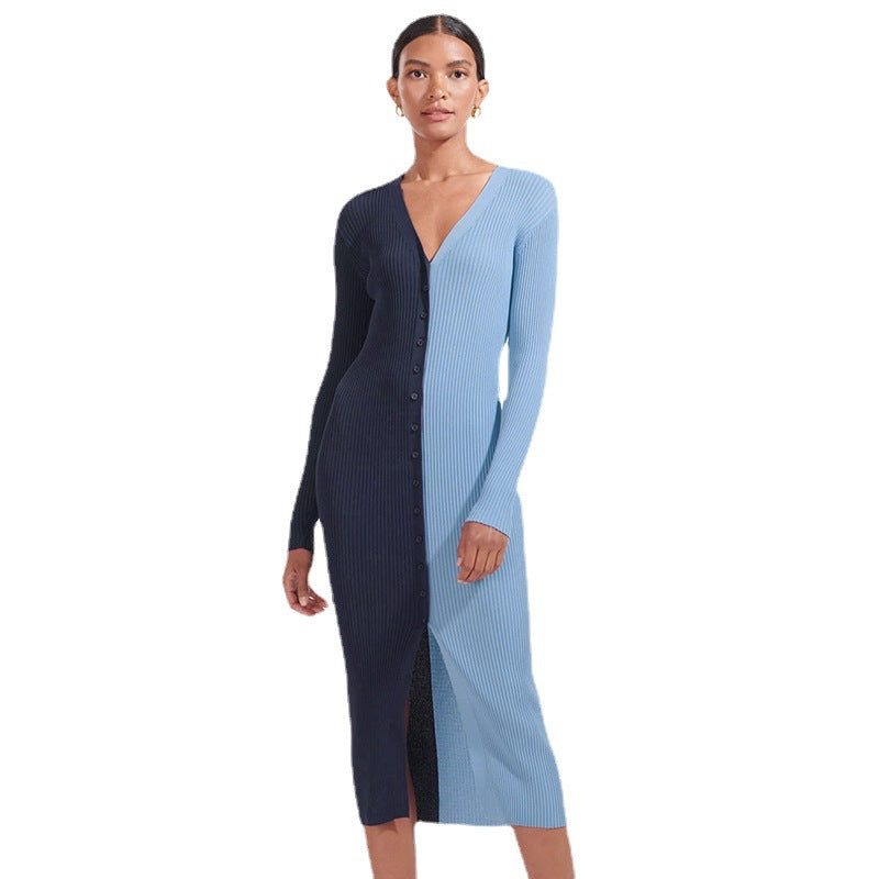 Robes maxi avec design de bouton pour femmes avec décolleté en V profond et texture côtelée Chic und Stil