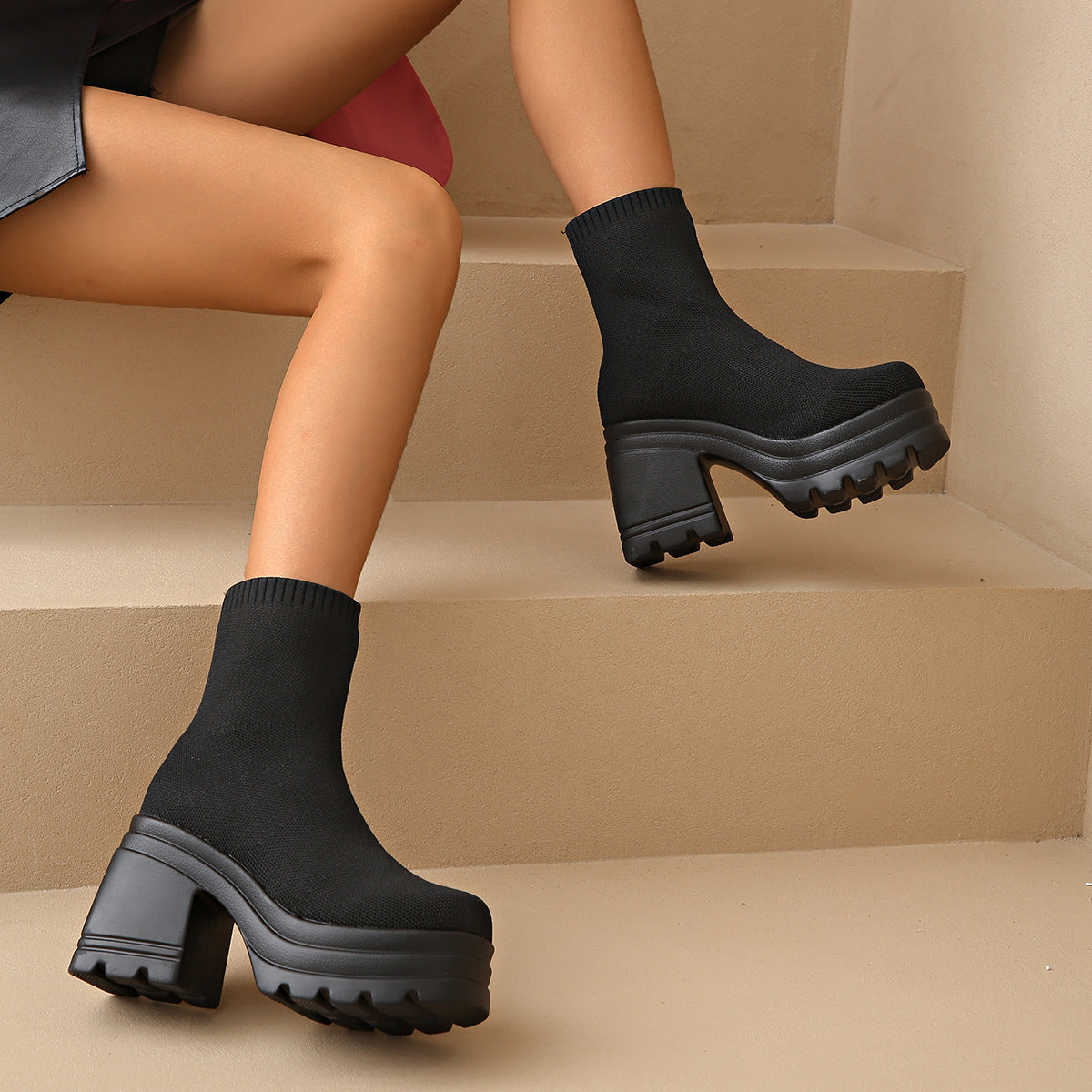 Bottes à talons hauts chunky pour femmes avec design en tricot flexible Chic und Stil