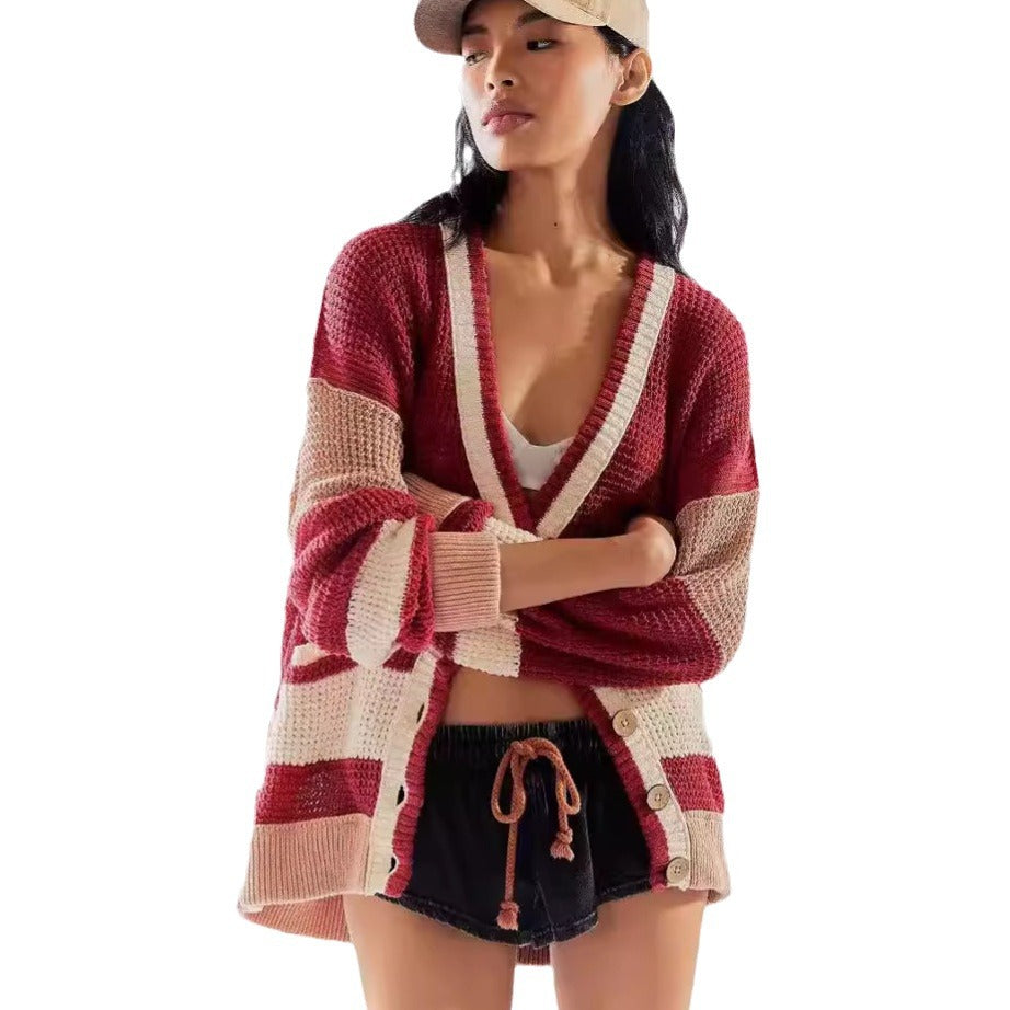 Cardigan en tricot décontracté pour femmes avec grandes poches et rayures contrastées élégantes Chic und Stil