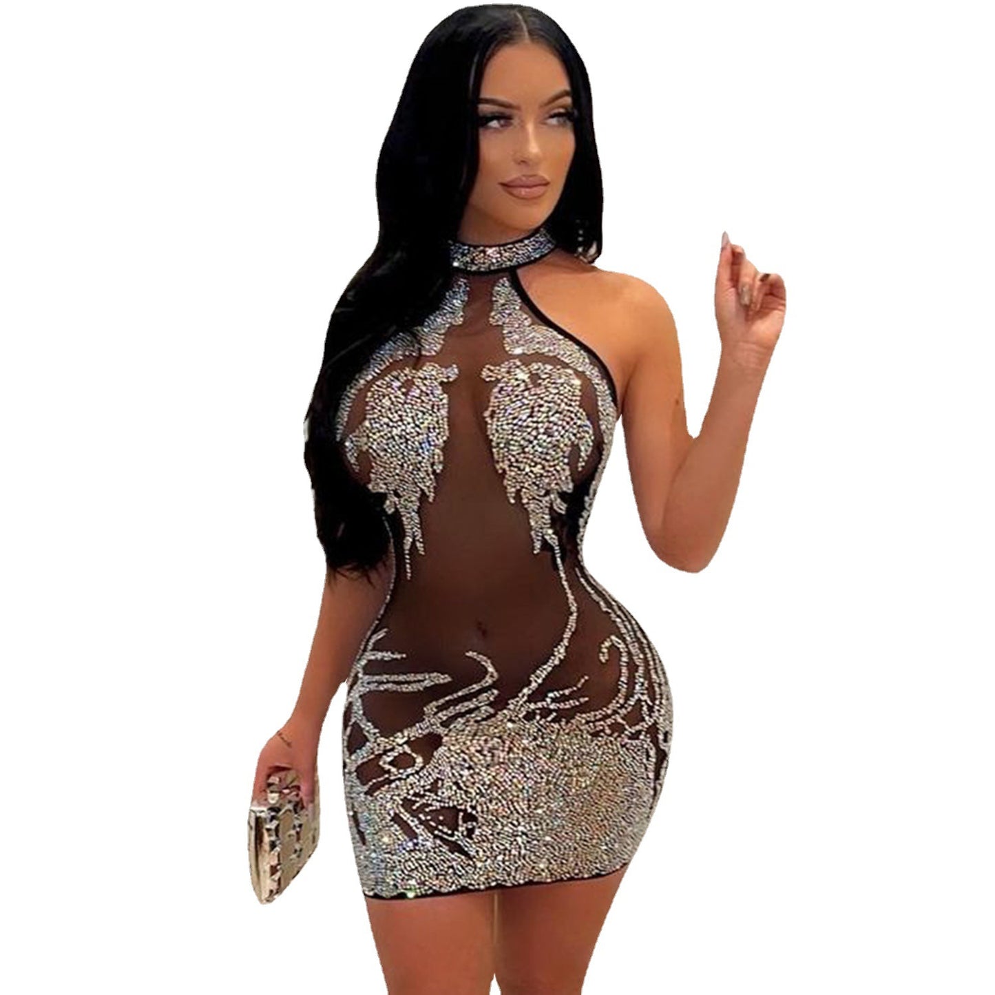 Robe mini avec un décolleté halter ornée de pierres précieuses pour femmes Chic und Stil