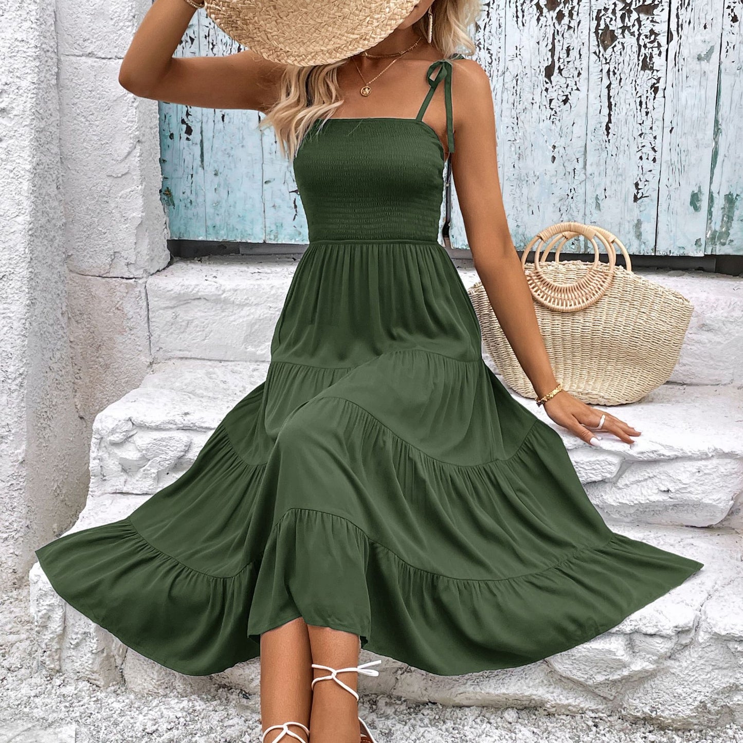 Robe midi élégante à volants pour femme avec bretelles réglables Chic und Stil