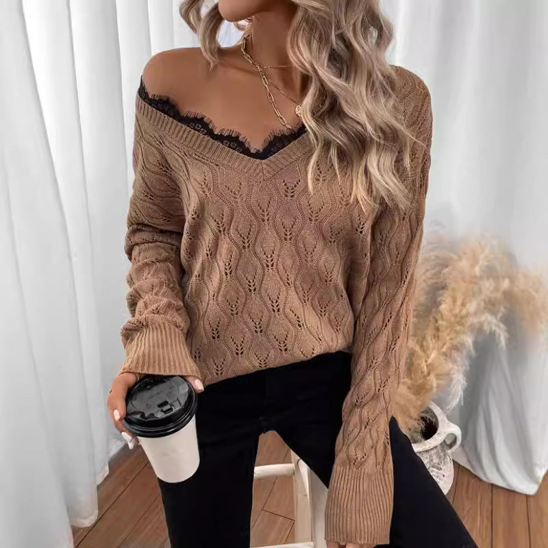 Pull en tricot pour femmes avec décolleté en V élégant et fine structure en dentelle Chic und Stil