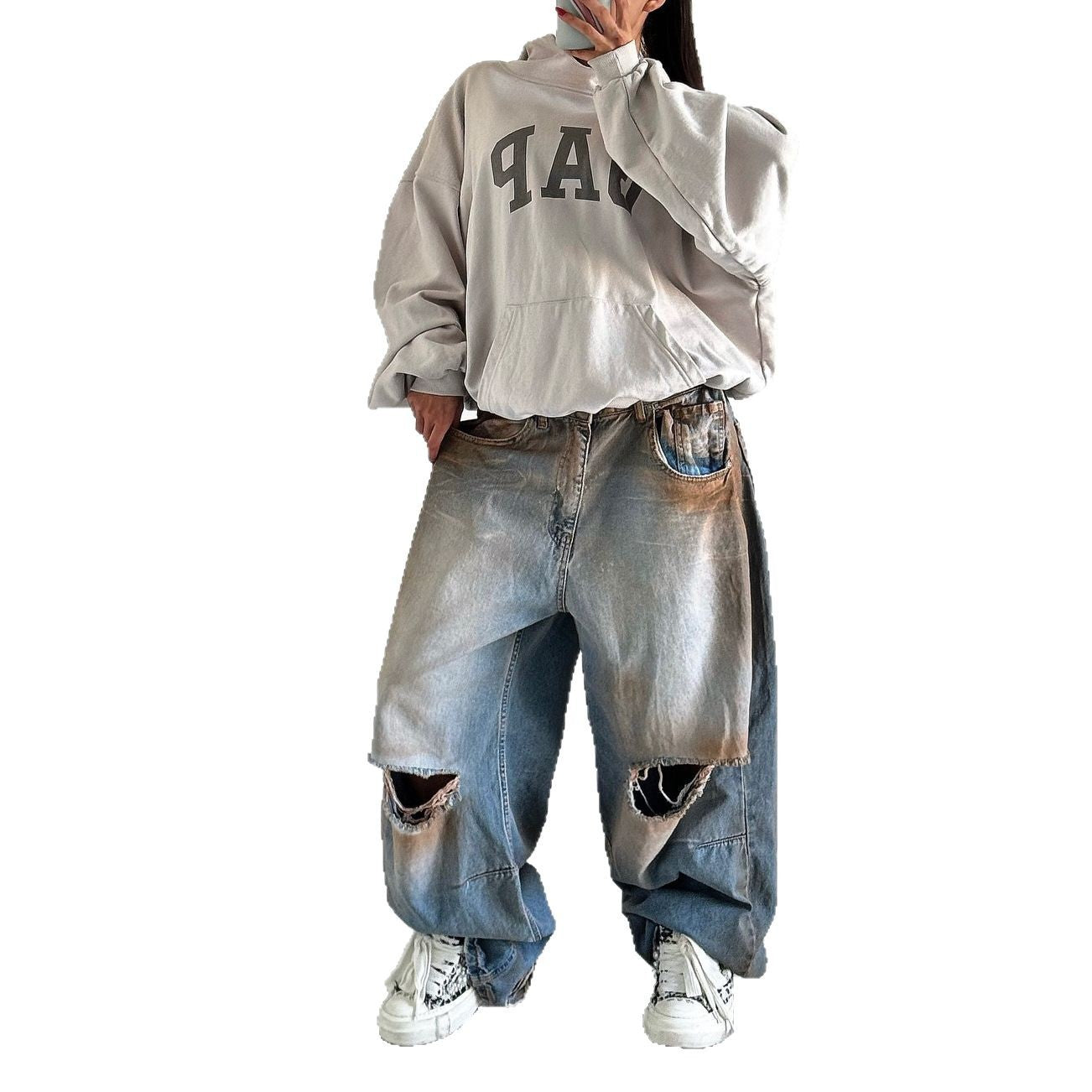 Dames baggy jeans avec design vieilli et détails détruits créatifs Chic und Stil