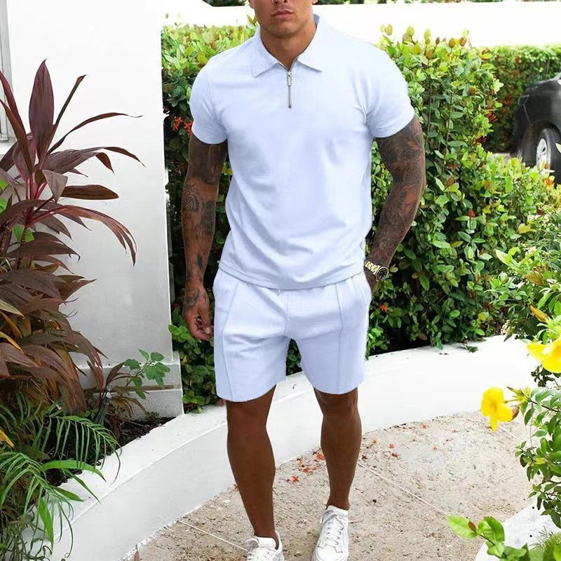 Hommes Freizeit-Zip-Up Polo et Shorts Set Chic und Stil