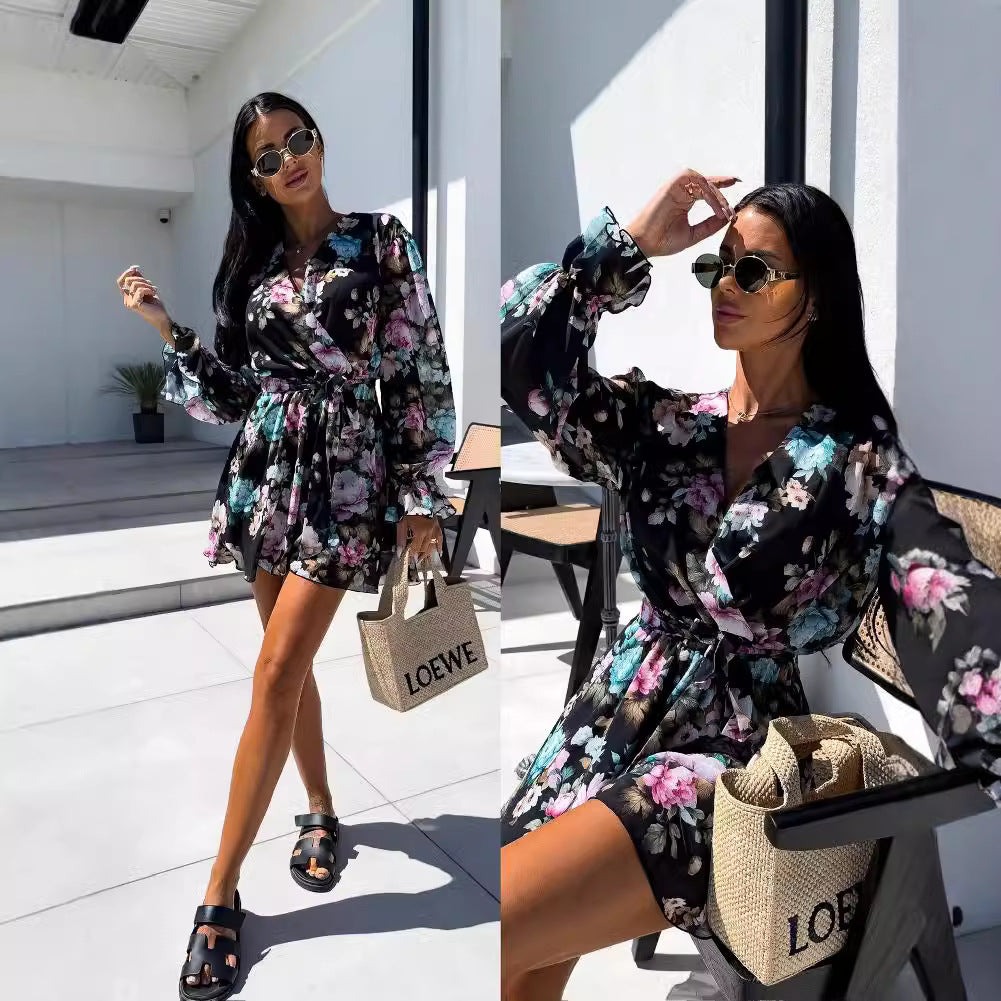 Women's Floral Print Wrap Dress with Tie Sleeves Chic und Stil