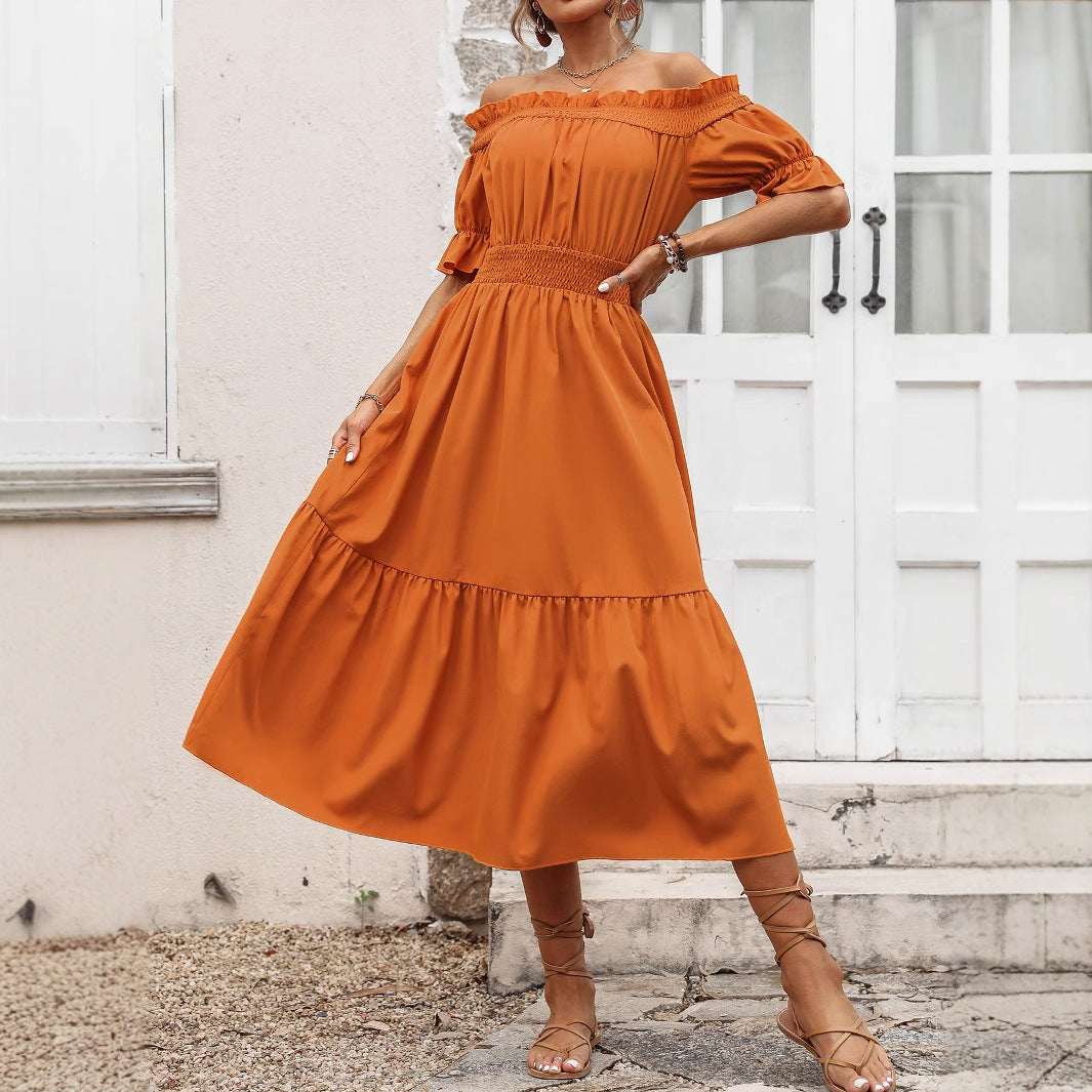 Robe maxi off-shoulder pour dames avec volants et ceinture élastique à la taille Chic und Stil