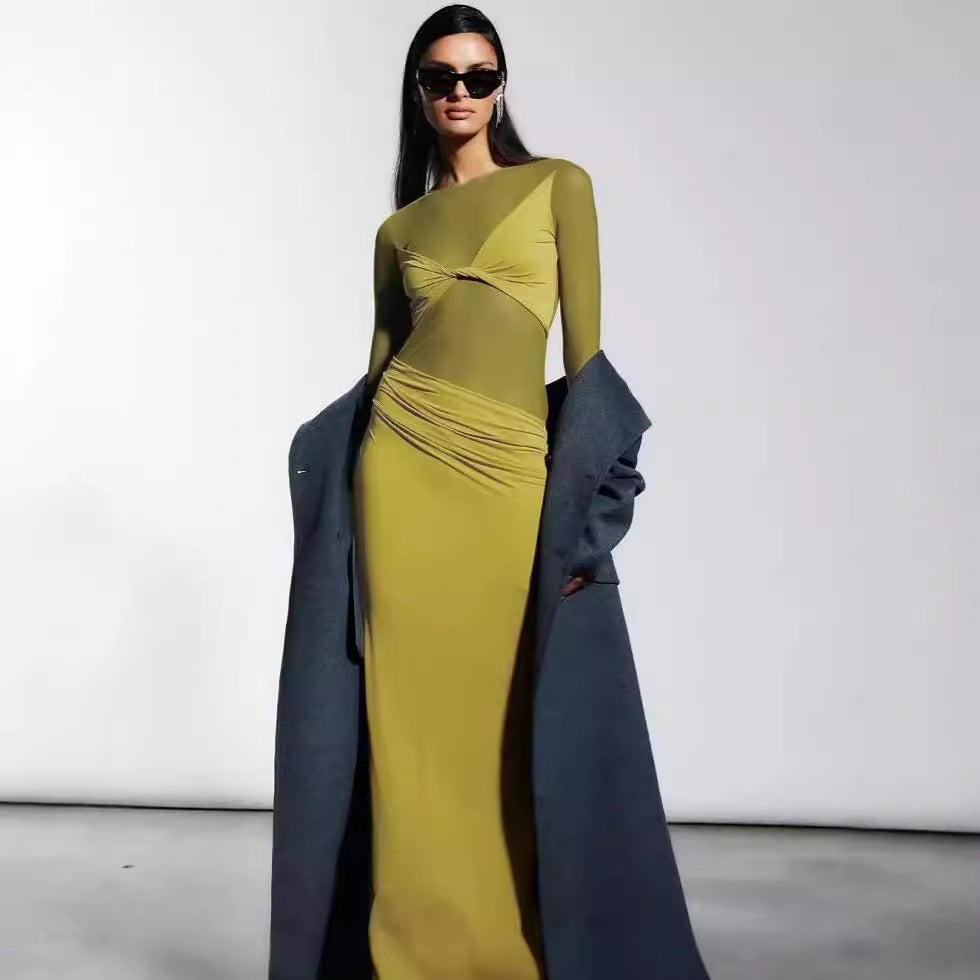 Dames Robe Maxi Élégante avec Inserts Transparents et Fronces Chic und Stil