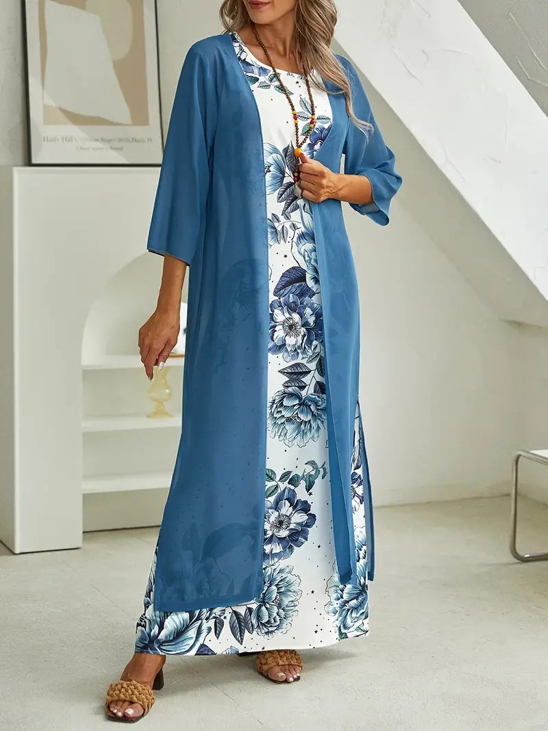 Robe maxi pour femme avec design floral et cardigan aérien Chic und Stil