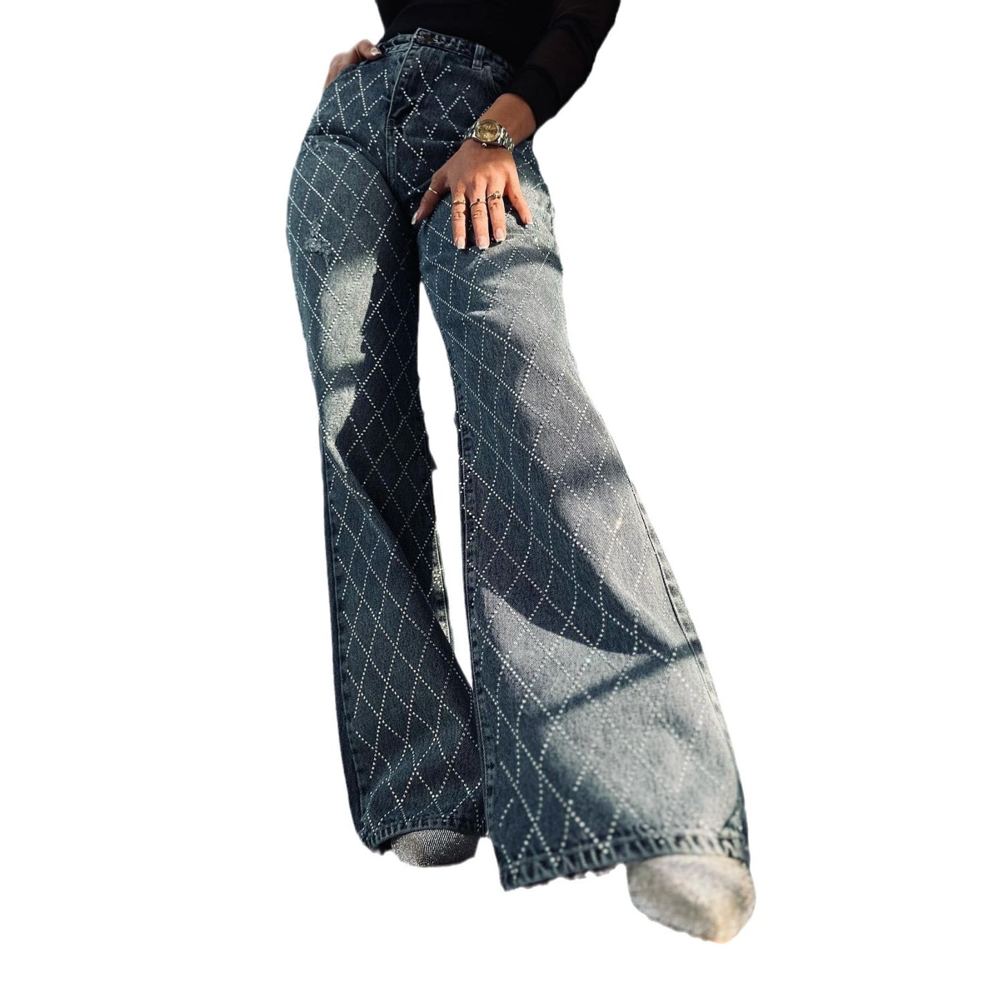 Dames élégantes jeans bootcut taille haute avec strass brillant Chic und Stil