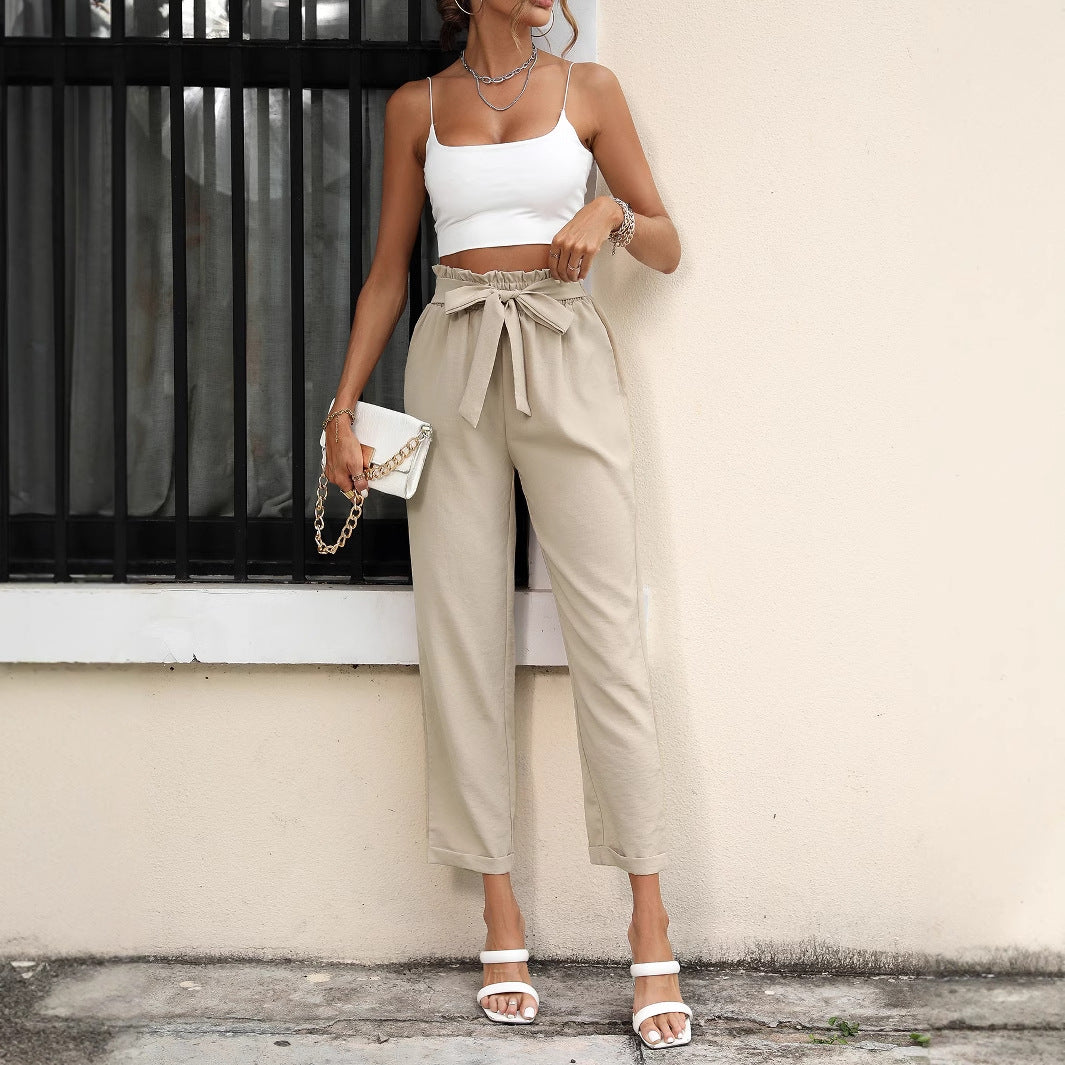 Pantalon chino décontracté pour femmes avec ceinture à nouer tendance et taille élastique Chic und Stil