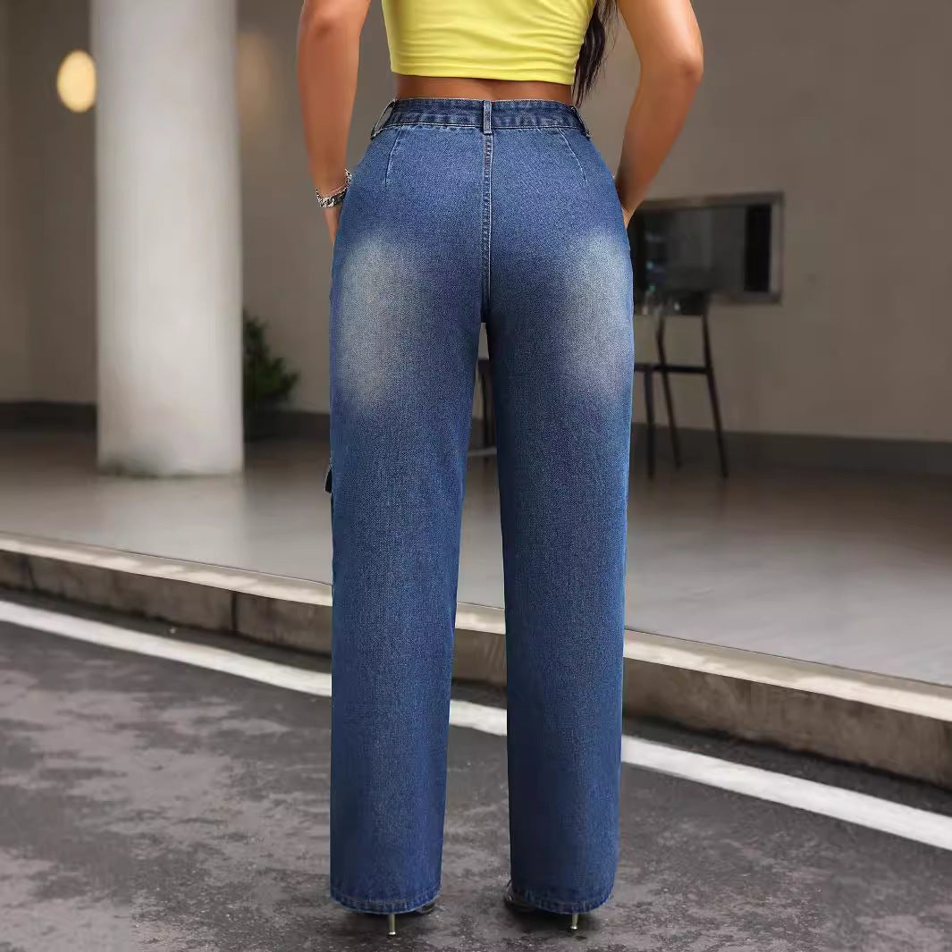 Jeans cargo pour femmes au design décontracté avec poches latérales et taille haute Chic und Stil