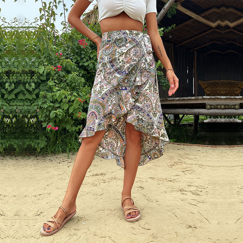 Jupe portefeuille floral à volant femme High-Low Chic und Stil