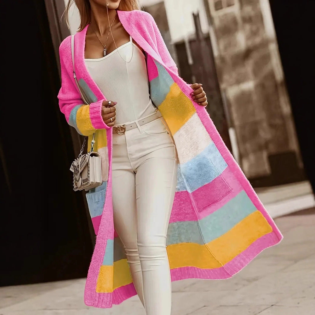 Veste longue en tricot à rayures colorées pour femmes Chic und Stil