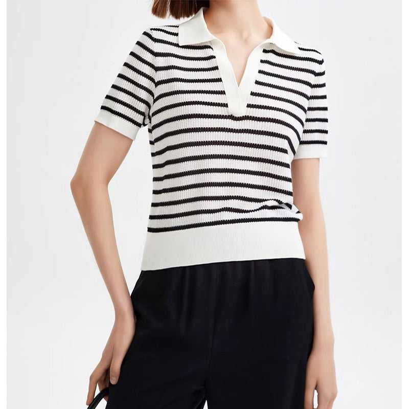 T-shirt polo tricot rayé à manches courtes pour femmes Chic und Stil
