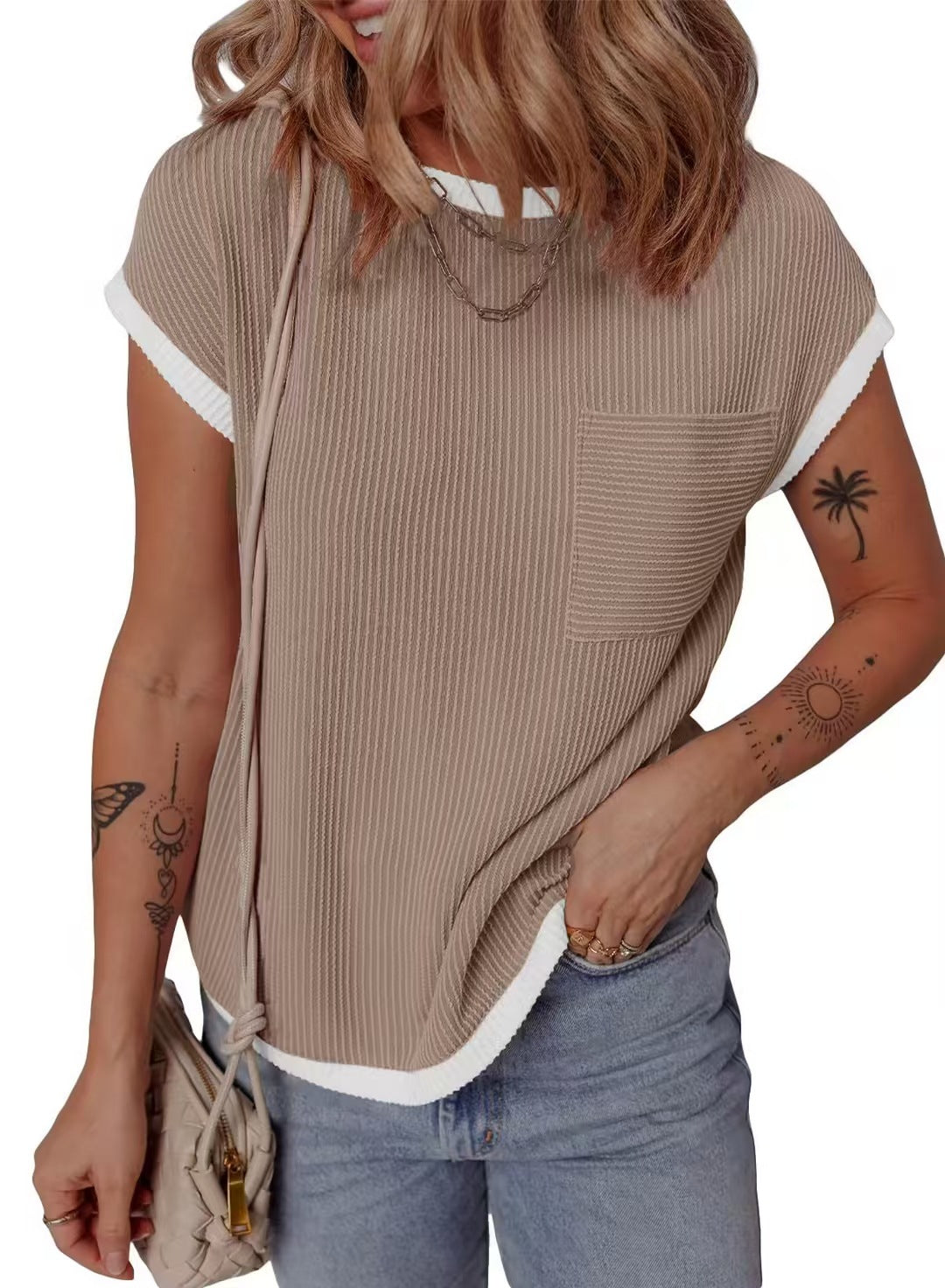 T-shirt en waffle décontracté et respirant pour dames avec poche Chic und Stil