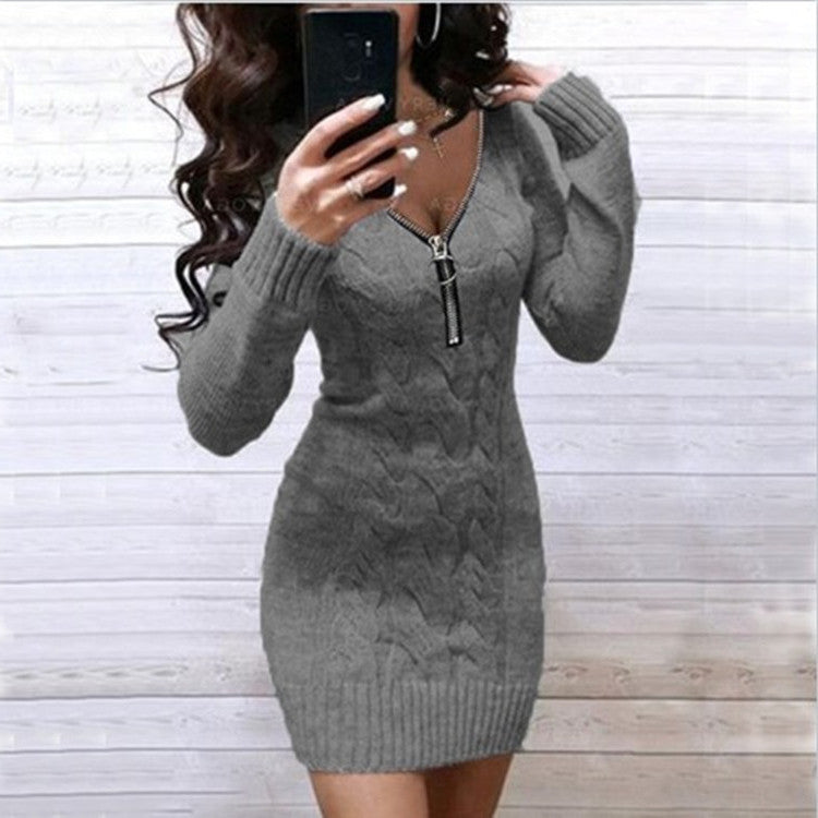 Robe en tricot pour femmes avec une fermeture éclair avant riche en détails et un motif losange élégant Chic und Stil
