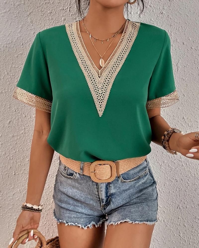 Blouse Chic und Stil élégante à col en V avec dentelle pour femmes