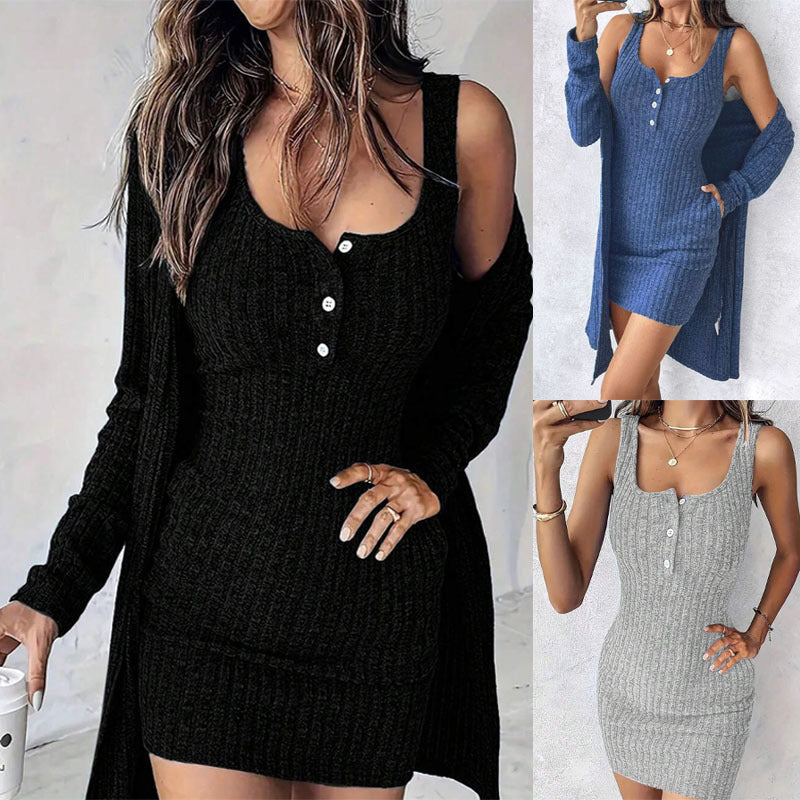 Robe en tricot pour femmes avec détails de boutons et cardigan assorti Chic und Stil