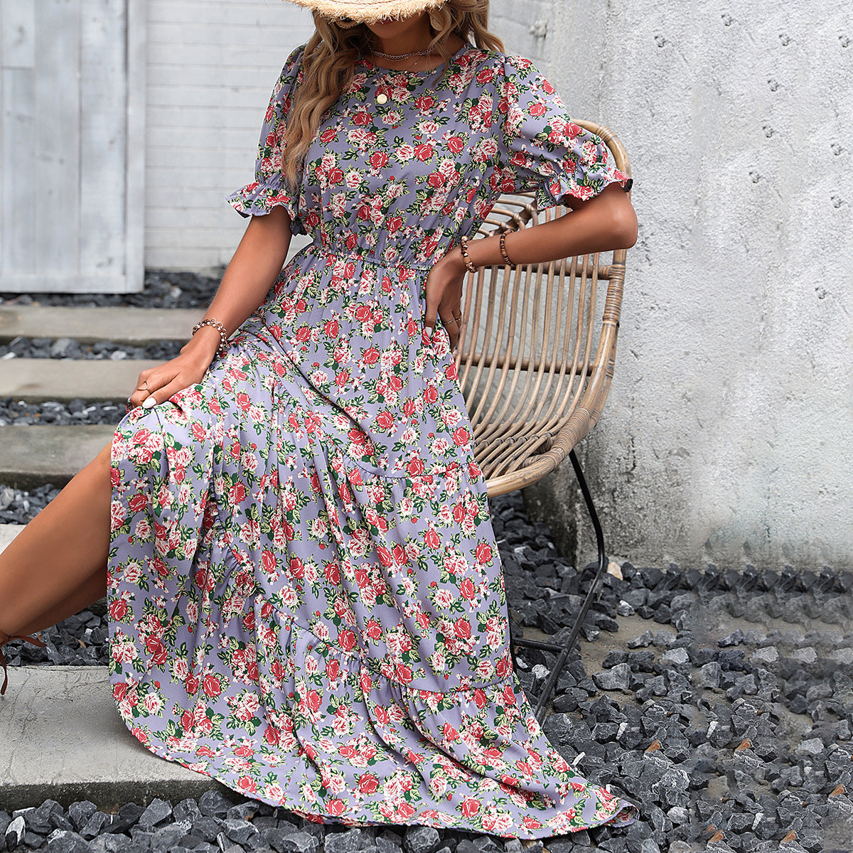 Robe maxi femme avec motifs floraux et bande de taille élastique Chic und Stil