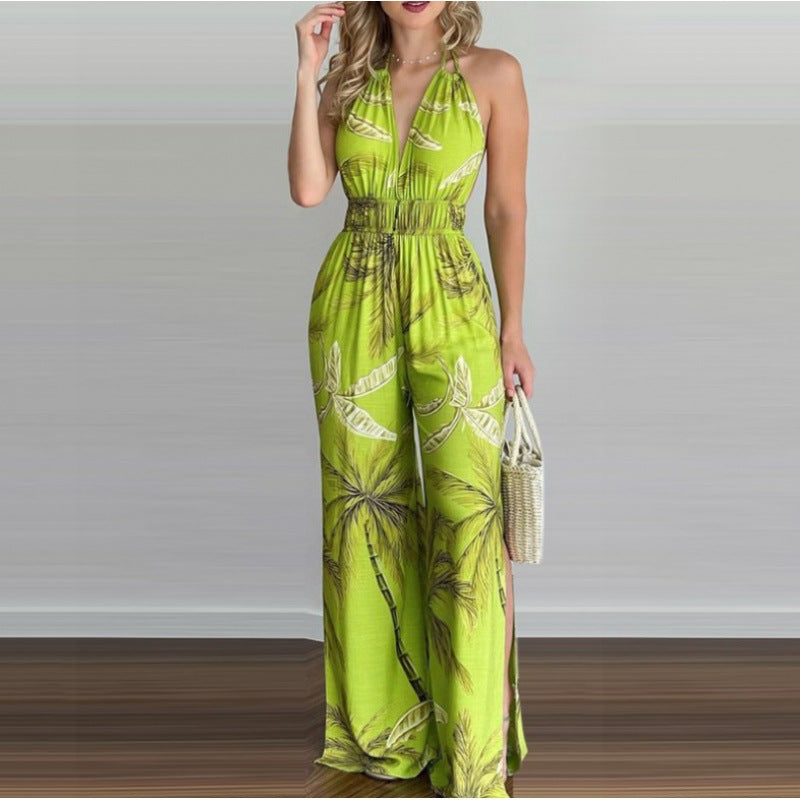 Dames Imprimé Tropical Jumpsuit Haut Fendu Chic und Stil