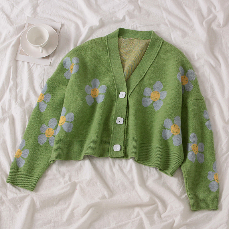 Cardigan en tricot court pour femmes avec motifs floraux et détails de boutons Chic und Stil