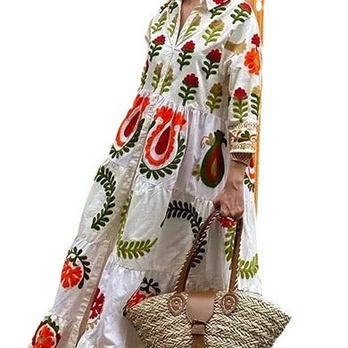 Robe à manches longues à carreaux pour femmes avec broderies florales Chic und Stil