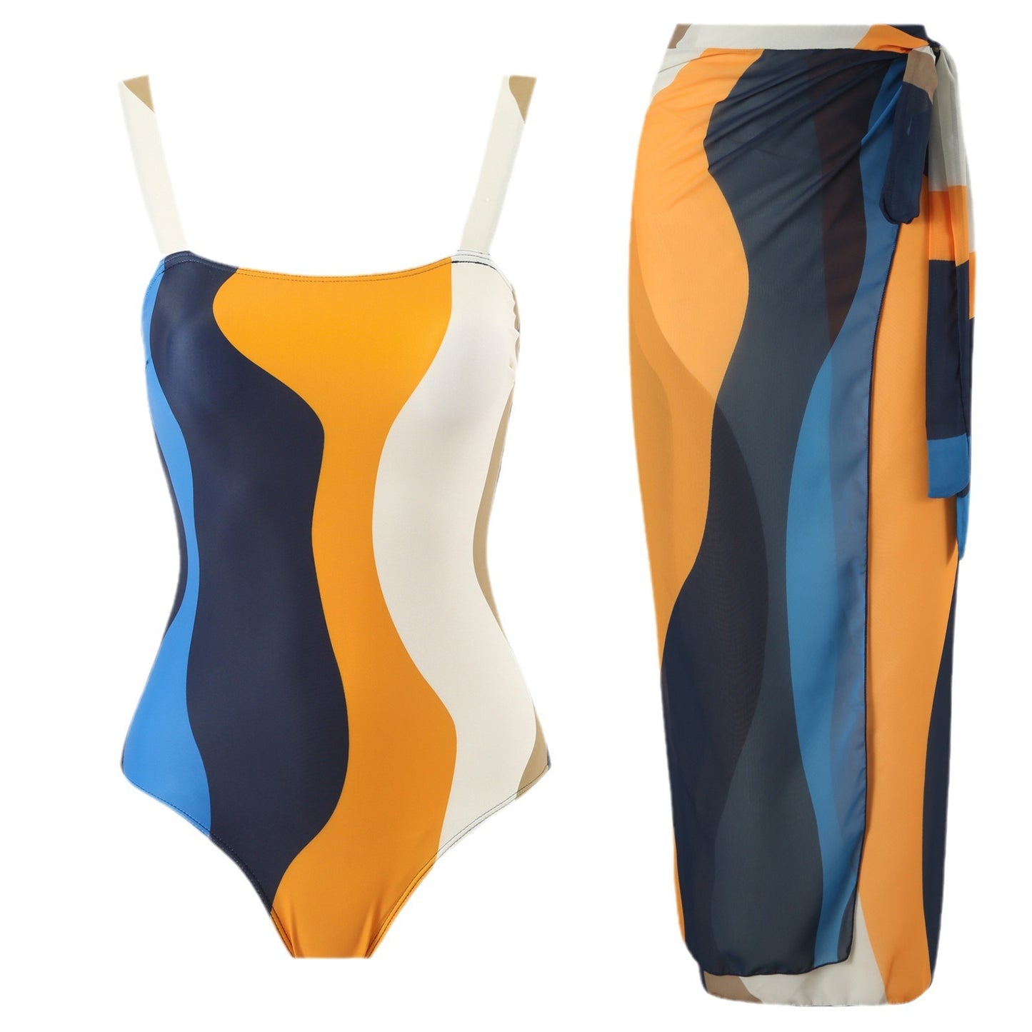 Maillot de bain une pièce pour femmes avec jupe portefeuille à la mode et motif à vagues graphiques Chic und Stil