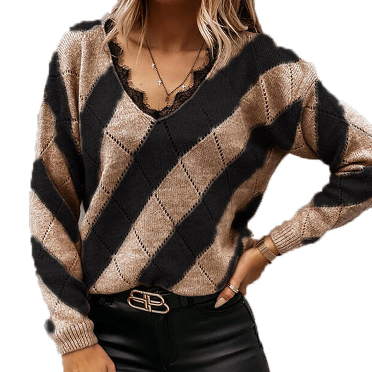 Pull en tricot pour femmes avec décolleté en V et motif losangé moderne Chic und Stil
