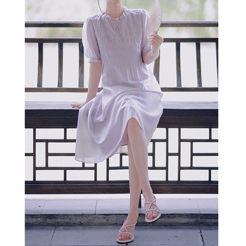 Robe midi plissée pour femmes avec manches courtes bouffantes Chic und Stil