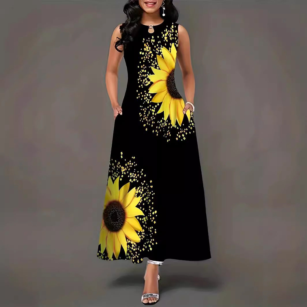 Robe maxi dames avec motif de tournesols colorés et poches pratiques Chic und Stil