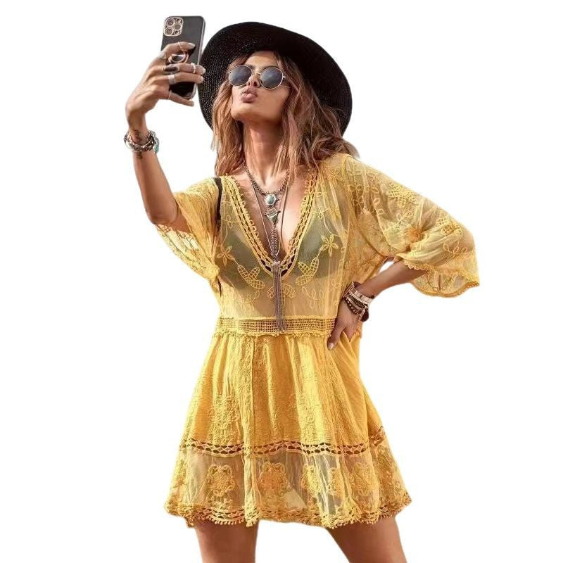 Femmes Robe de plage transparente brodée Chic und Stil