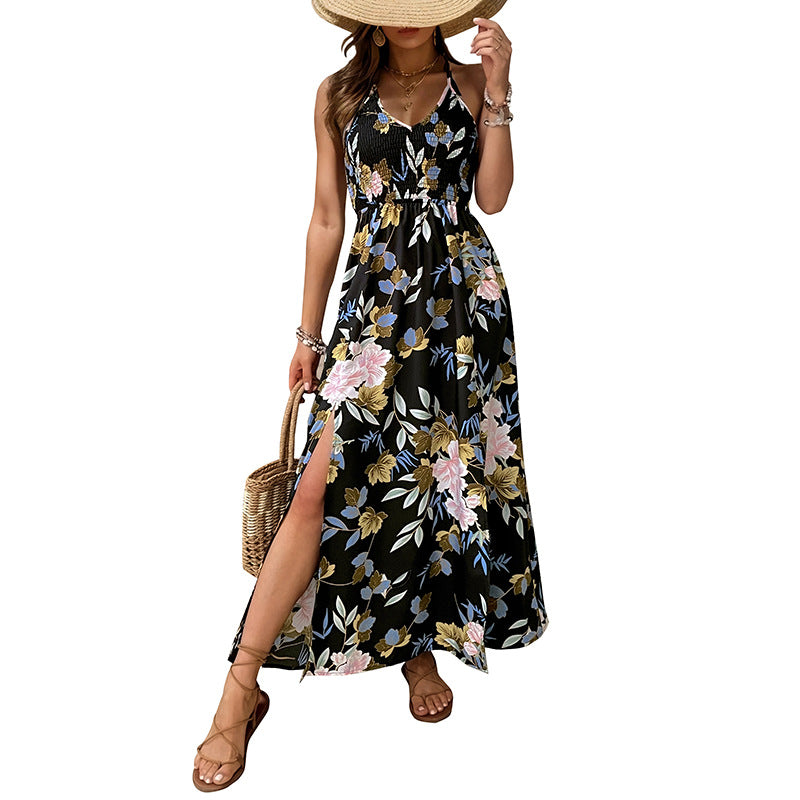 Robe maxi à imprimé floral pour femmes avec fente haute et bretelles spaghetti réglables Chic und Stil