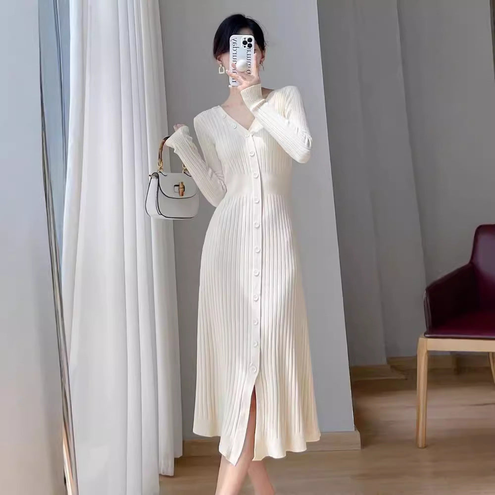 Robe midi décontractée pour femmes en fine maille côtelée avec patte de boutonnage Chic und Stil