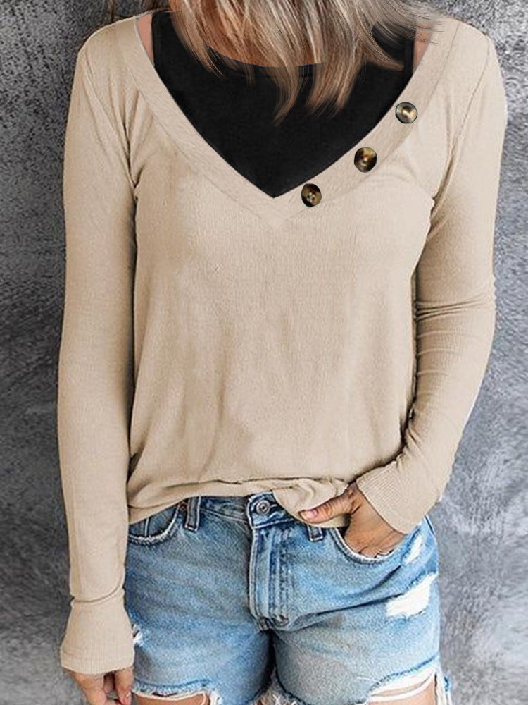 T-shirt à manches longues pour femmes avec décolleté en V et détails de boutons Chic und Stil